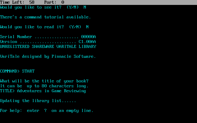 VariTale (DOS) screenshot: Starting a user-made book.