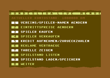 Bundesliga Live (Commodore 64) screenshot: Main management menu