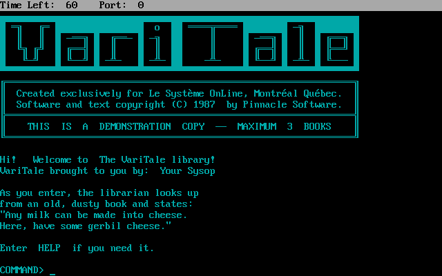 VariTale (DOS) screenshot: Title screen, fortune, start prompt