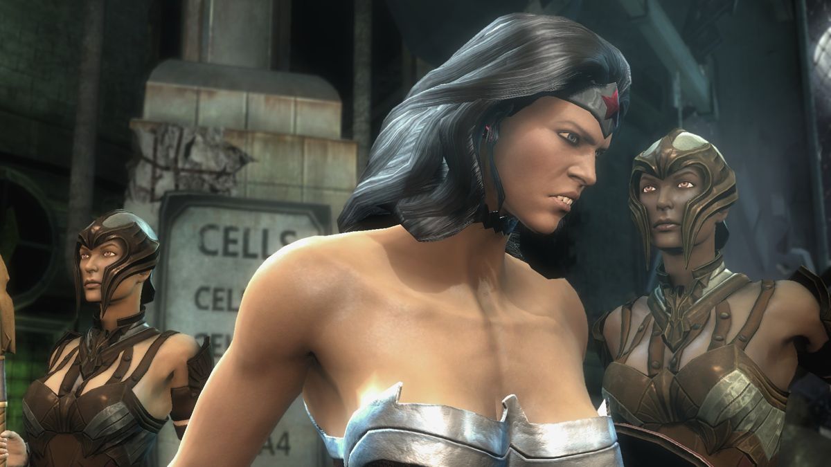 Injustice: Gods Among Us - Ultimate Edition (PlayStation 4) screenshot: Wonder Woman is joined by her Amazons in her winning pose.