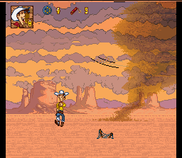 Lucky Luke (SNES) screenshot: Running away from Tornado...