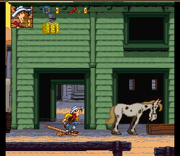 Lucky Luke (SNES) screenshot: You have to jump over the horse...the tool for that is near...