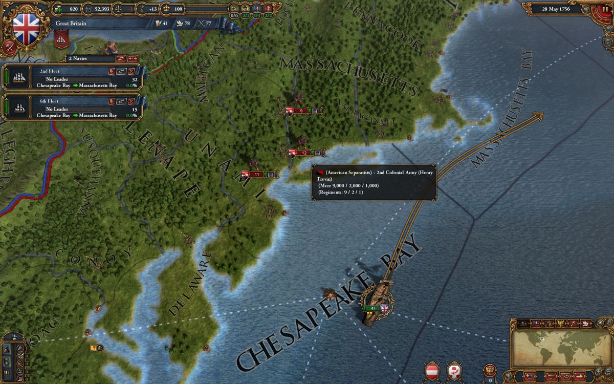 Europa Universalis IV (Windows) screenshot: British fleet in America