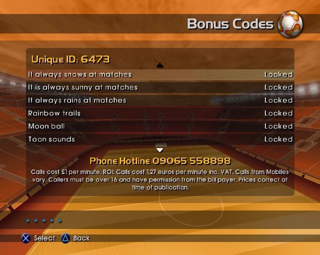 LMA Manager 2004 (PlayStation 2) screenshot: The Options tab on the main menu allows the player to tinker with Game and Sound settings, adjust the screen position, and unlock the eighteen bonus codes