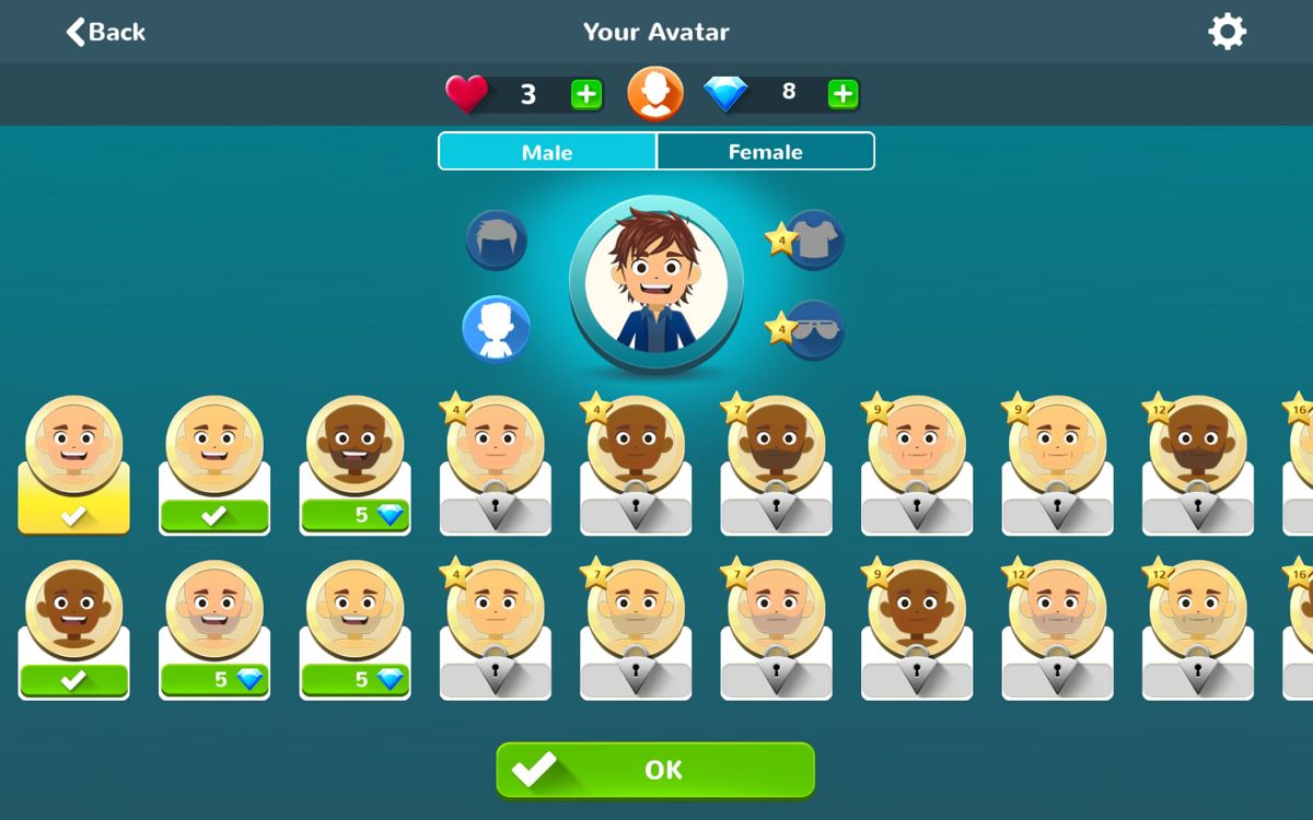 Trivial Pursuit & Friends (Windows Apps) screenshot: Customize your avatar. Certain options only unlock at later levels.