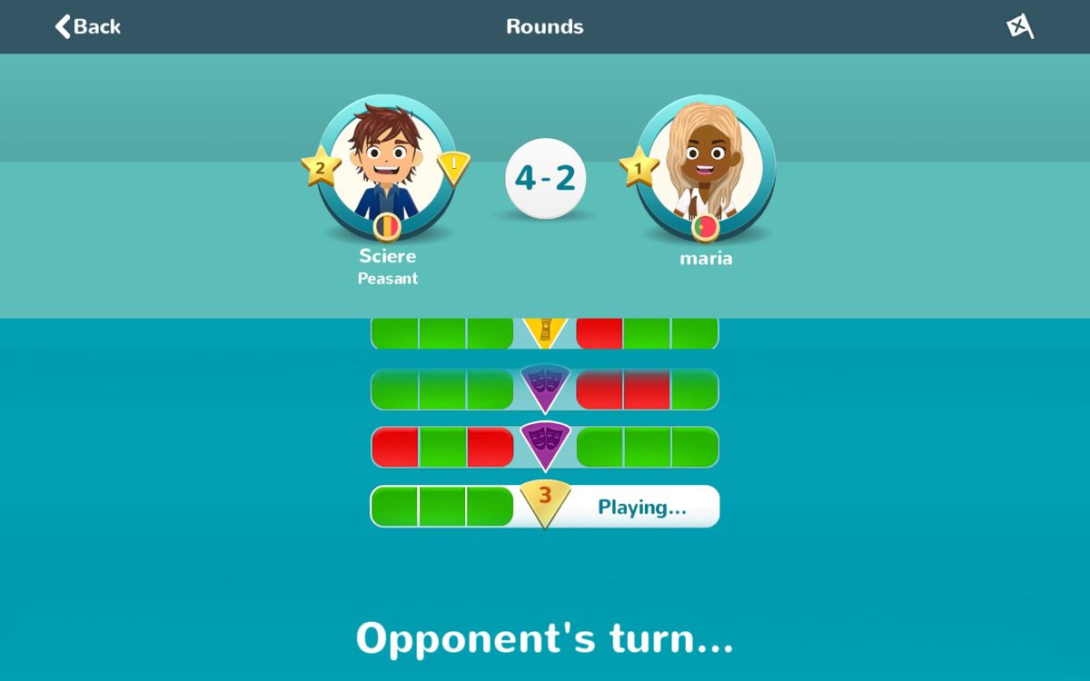 Trivial Pursuit & Friends (Windows Apps) screenshot: Progress in the Duel mode with green and red squares for the answers in each round