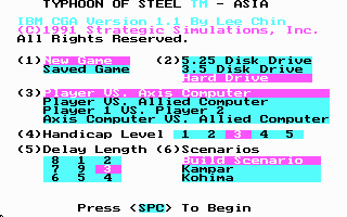 Typhoon of Steel (DOS) screenshot: Game parameters (CGA)