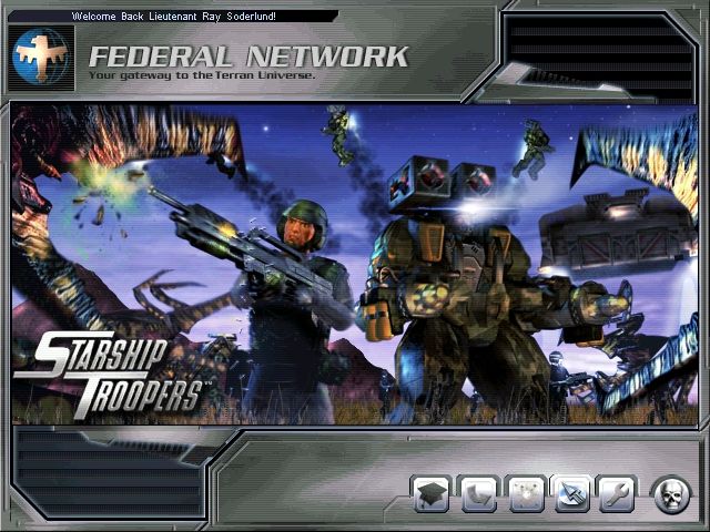 Starship Troopers (Windows) screenshot: The main menu perfectly shows the feel of the game: part of the book mixed with a lot of the movie.