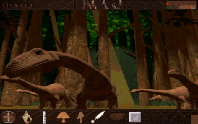 Lost Eden (DOS) screenshot: Brontosaurus helping you to build a citadel