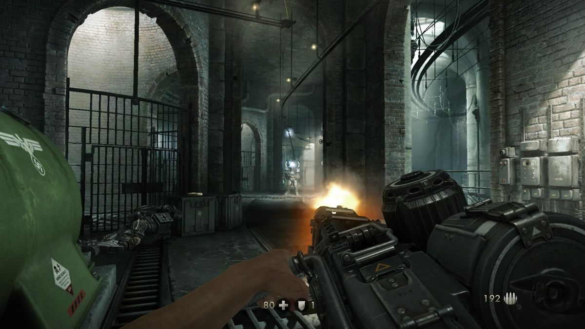 Wolfenstein: The Old Blood (PlayStation 4) screenshot: Using the shock-trooper weapons against them