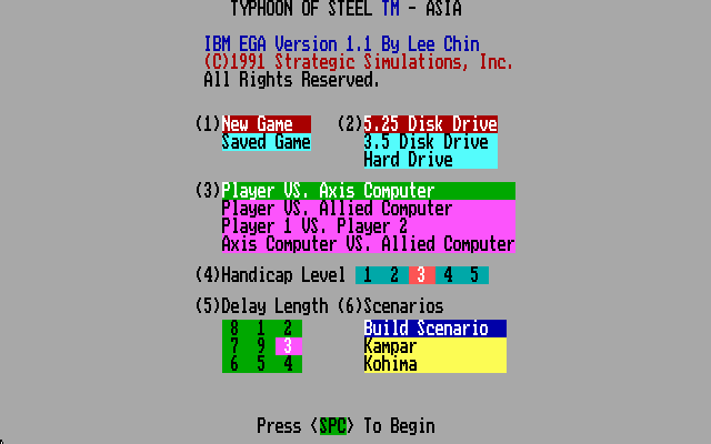 Typhoon of Steel (DOS) screenshot: Game parameters (EGA)