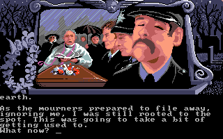 Scapeghost (DOS) screenshot: Beginning of episode 1 -- November Graveyard (VGA)