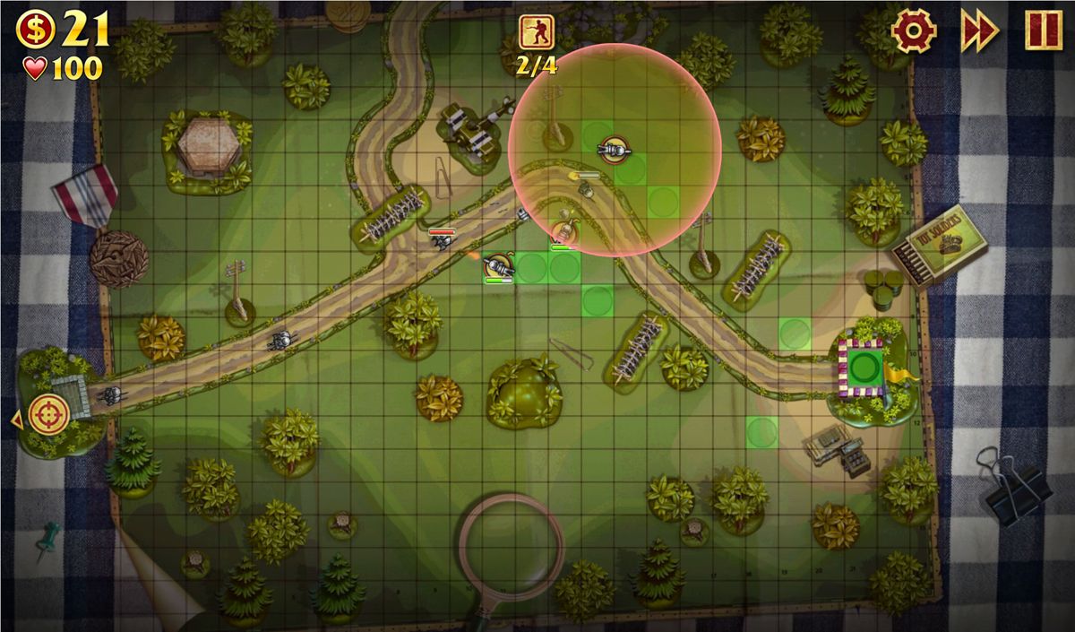 Toy Defense (Android) screenshot: Only specific spots on the battlefield can be used to deploy units.