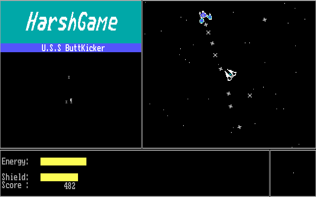 HarshGame (DOS) screenshot: He's shooting at me!