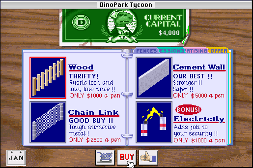 DinoPark Tycoon (Macintosh) screenshot: Fences are needed to prevent your dinos from eating the visitors.