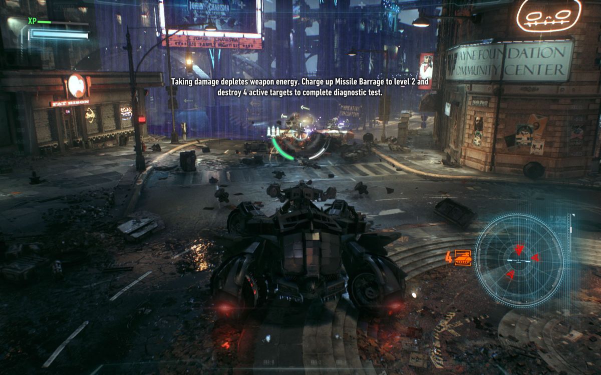 Batman: Arkham Knight (Windows) screenshot: Controlling the Batmobile in tank mode during an AR challenge.