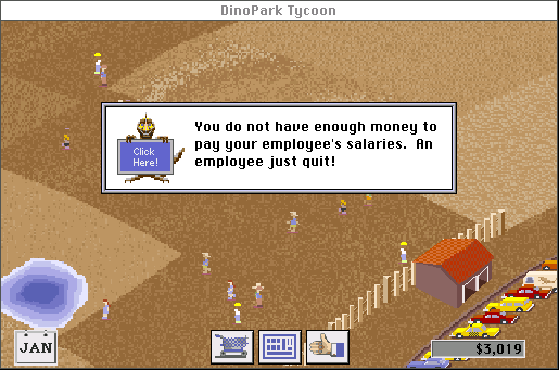 DinoPark Tycoon (Macintosh) screenshot: Looks like we have some visitors after all. Not enough to pay our employees though.