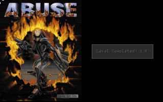 Abuse (DOS) screenshot: Game box art is shown upon level completion (v2.00).