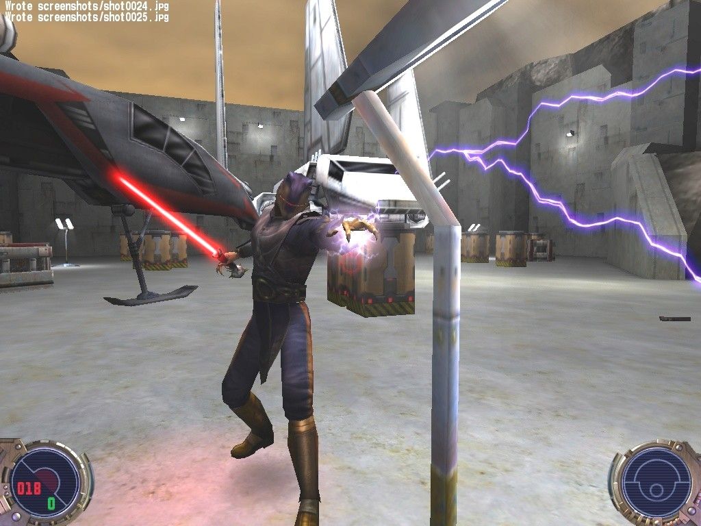 Star Wars: Jedi Knight II - Jedi Outcast (Collector's Edition) (Windows) screenshot: Kyle's first encounter with Desann, the other Jedi Outcast. Desann might look like Barney and talk like Darth Vader, but he's one tough lizard. Without the Force, Kyle doesn't stand a chance