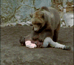 Wirehead (SEGA CD) screenshot: The bear uses Ned as a scratching post.