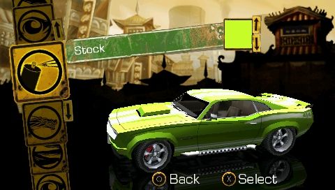 Full Auto 2: Battlelines (PSP) screenshot: You can change the color and skin for your car before the race starts.