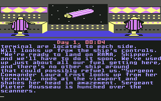Rendezvous with Rama (Commodore 64) screenshot: On the bridge. You see Rama on the screen.