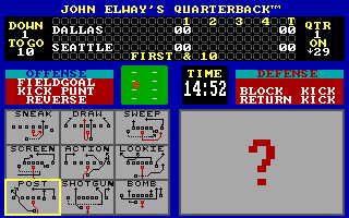 Quarterback (PC Booter) screenshot: Choosing a play. (EGA/MCGA/Tandy)