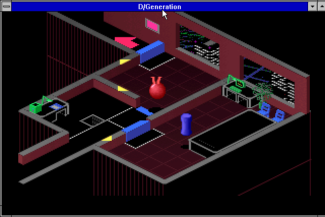 D/Generation (Windows 3.x) screenshot: An A/Generation drone, a red ball, engulfs me like a Rover from The Prisoner (SVGA)
