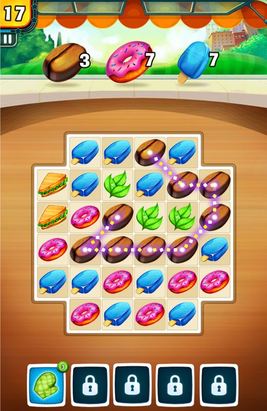 Snack Truck Fever (Android) screenshot: Drawing a line to create a match.