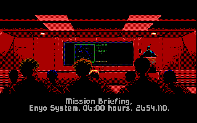 Wing Commander (DOS) screenshot: mission briefing (EGA)