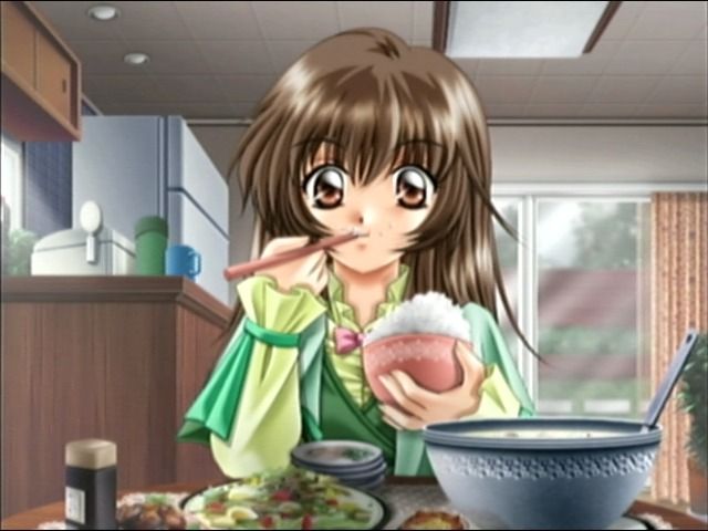 Miss Moonlight (Dreamcast) screenshot: Sandia is enjoying home cooking
