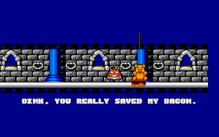 CarVup (Amiga) screenshot: Nightmare world complete - a piggy is rescued