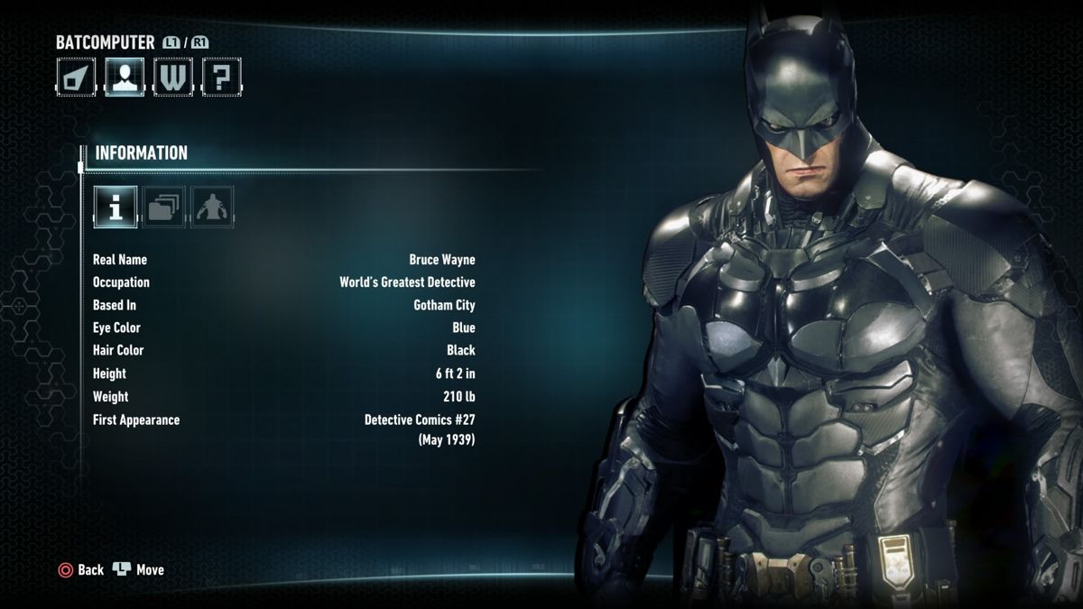Batman: Arkham Knight (Limited Edition) (PlayStation 4) screenshot: Information on The Dark Knight