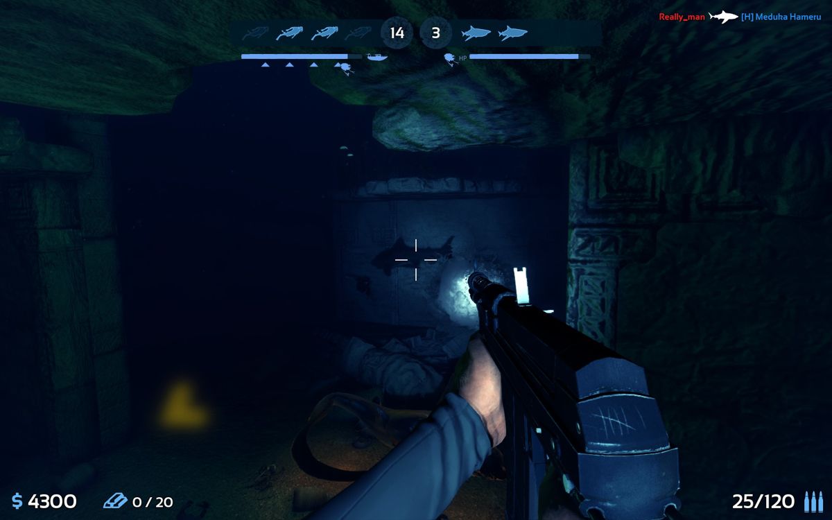 Depth (Windows) screenshot: Using a rifle to attack a shark