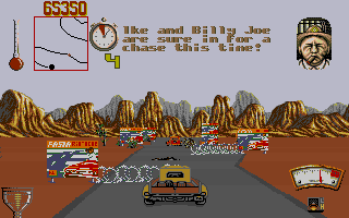 Moonshine Racers (DOS) screenshot: Those razor wires are quite danger.