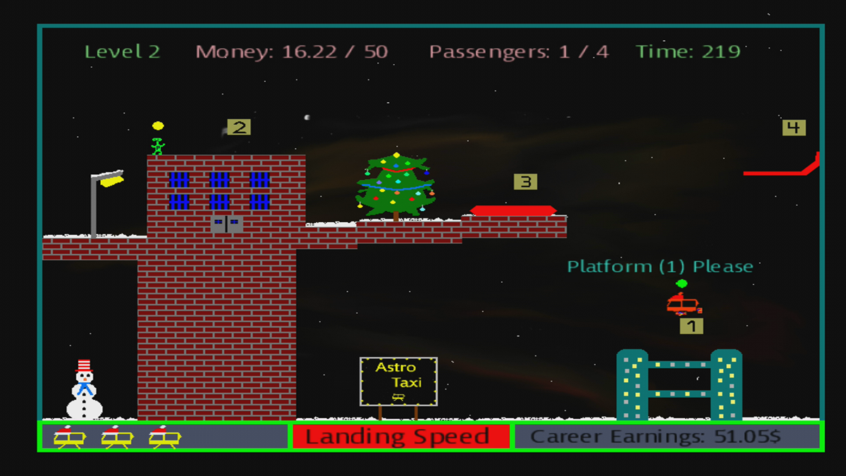 Xmas Taxi (Xbox 360) screenshot: The lower bar flashes red when the taxi is too fast for landing (Trial version)