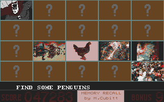 Memory Recall (Atari ST) screenshot: In the lower right is the counter for the search of the image. The penguins were in the mid somewhere???