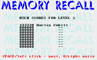 Memory Recall (Atari ST) screenshot: For each of the levels a separate high-score table can be reached
