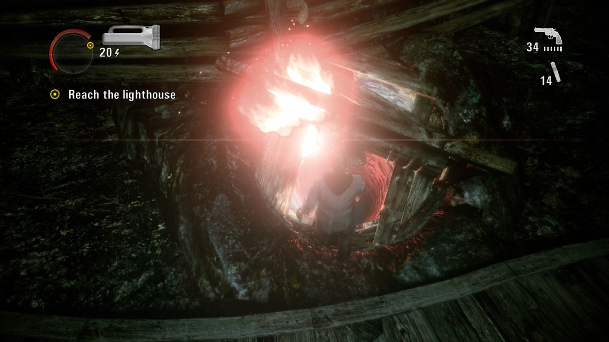 Alan Wake: The Writer (Xbox One) screenshot: Throwing a flare in the well to light up the keyword at the bottom of the well