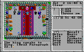 The Magic Candle II: The Four and Forty (DOS) screenshot: Talking to the king. You need a manual to understand what the hell he's saying.