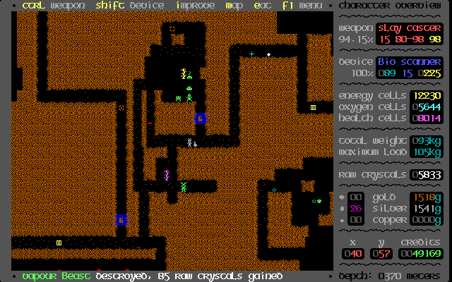Reaping the Dungeon (DOS) screenshot: Exploring the level at 370 meters below the surface, surrounded my enemies.