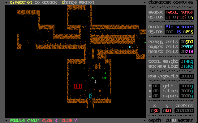 Reaping the Dungeon (DOS) screenshot: Starting out 10 meters below the surface. We encounter the first enemy creatures, rubble crabs.