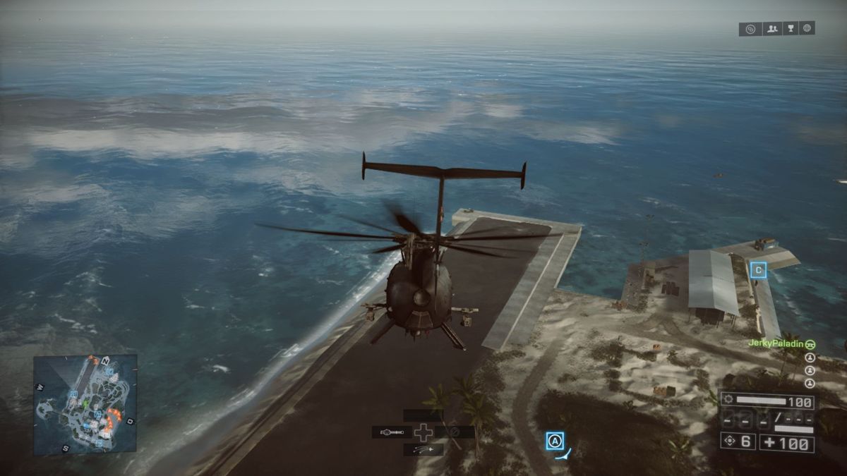 Battlefield 4 (Xbox One) screenshot: Flying a Scout Helicopter (AH-6 Little Bird)