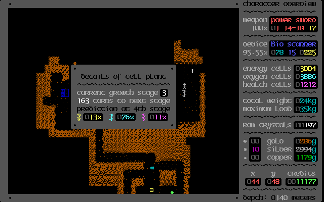 Reaping the Dungeon (DOS) screenshot: Cell plants are an important source of energy, health and oxygen. Our scanner shows that this plant needs 163 more turns until it can be harvested.