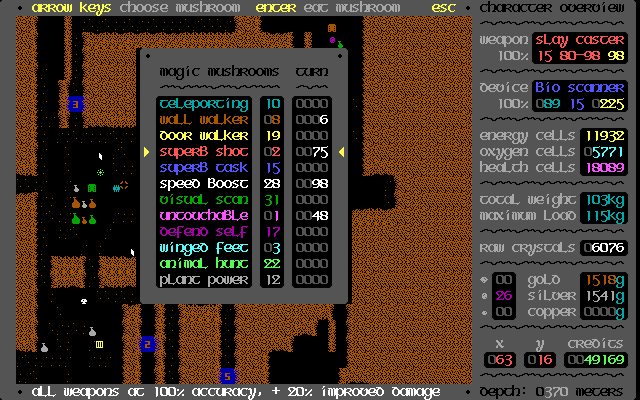 Reaping the Dungeon (DOS) screenshot: As you descend, the list of magical mushrooms grows. They give helpful short-term bonuses.