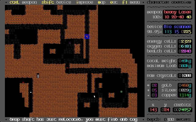 Reaping the Dungeon (DOS) screenshot: Some parts of the level cannot be accessed directly; you have to teleport there or eat a Wall Walk mushroom.
