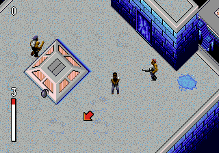 Predator 2 (Genesis) screenshot: The red arrow tells you where the hostages are