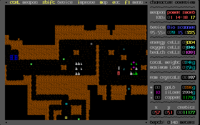 Reaping the Dungeon (DOS) screenshot: Each level contains a shop (blue structure to the left) and a drop shaft to the next level (red tube). The shaft relocates randomly and must be found and tagged.