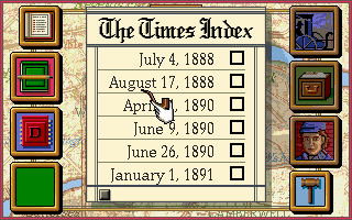 Sherlock Holmes: Consulting Detective - Volume III (DOS) screenshot: Looking up recent events in the paper