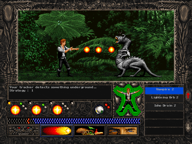 Alien Logic (DOS) screenshot: Use exotic weapons - here you attack using a bolt of pure energy